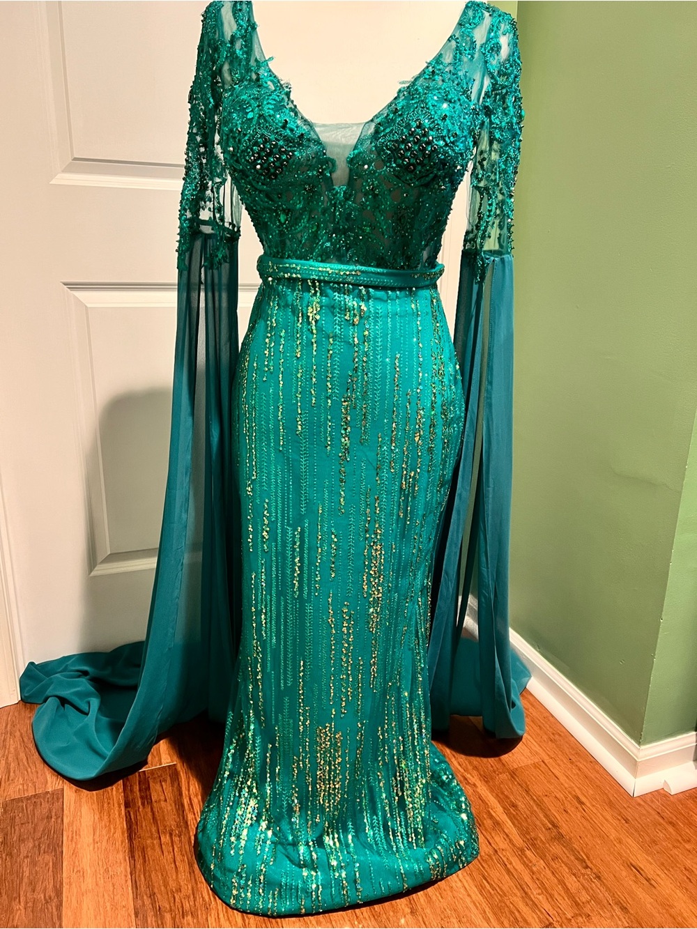 Portia and Scarlett Teal Beaded Long Sleeve Maxi Gown